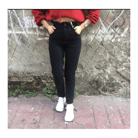 Düz Siyah Beli Lastikli Boyfriend Kot Pantolon