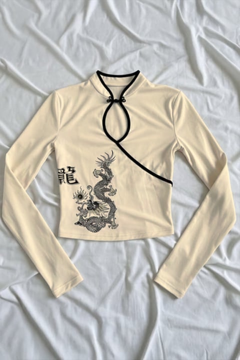 Ekru Mandarin Yaka Ejderha Motifli Vintage Y2K Uzun Kollu Crop