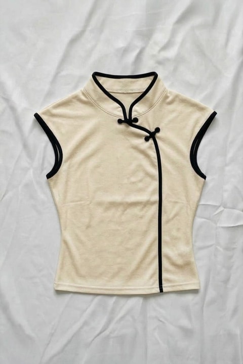 Ekru Mandarin Yaka Kırmızı Şeritli Qipao Y2K Kısa Kollu Crop