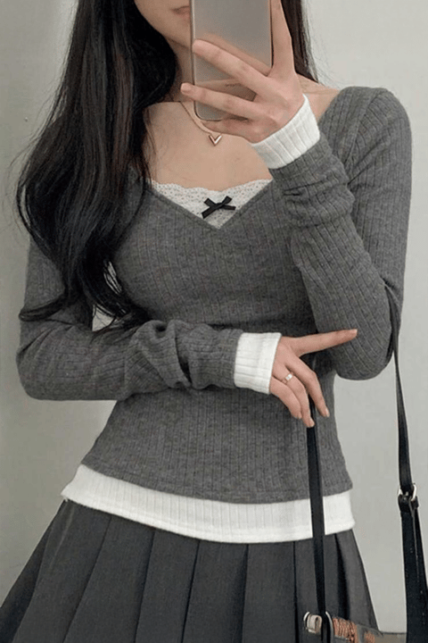 Füme Dantelli Fiyonklu Ekli Y2K Uzun Kollu Crop 