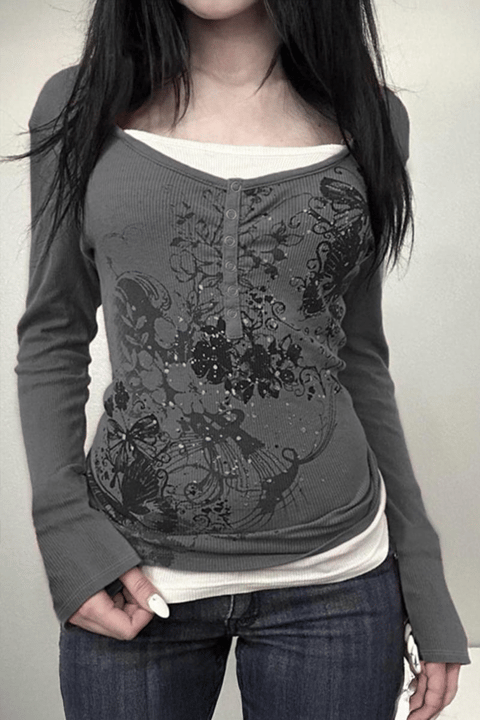 Füme Gotik Flower Ekli Düğmeli Grunge Y2K Uzun Kollu Crop