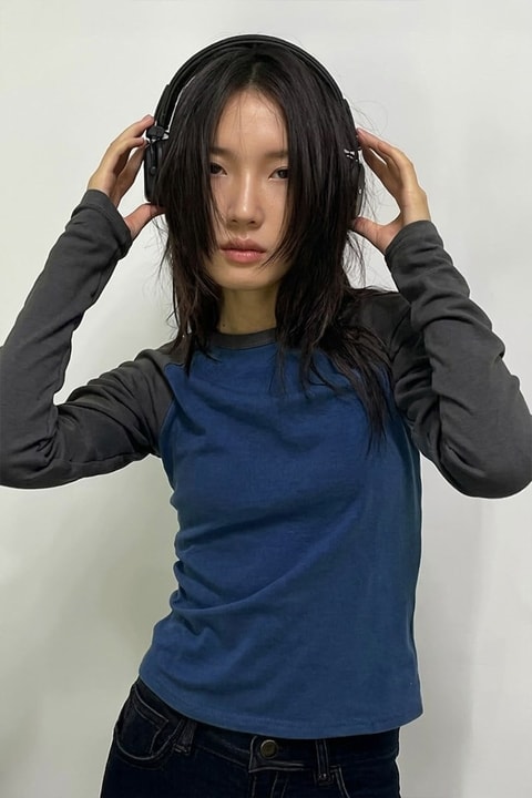 Füme Raglan Kollu Lacivert Basic Y2K Uzun Kollu Crop 