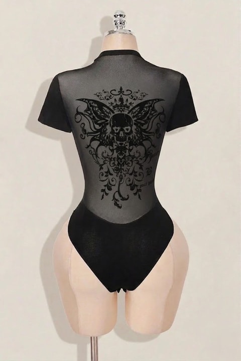 Gotik Skull Butterfly Wings Transparan Kısa Kollu Çıtçıtlı Body