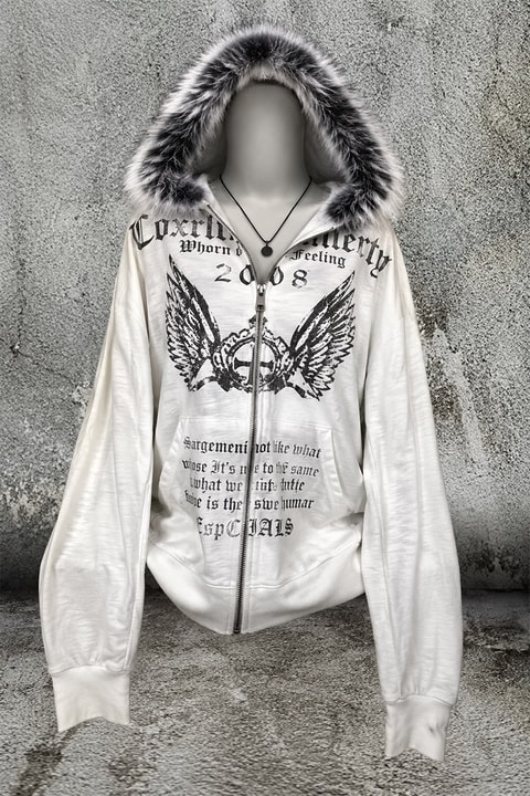 Gri Melanj Crown Wings Gotik Kürklü Kapüşonlu Y2K Crop Hırka