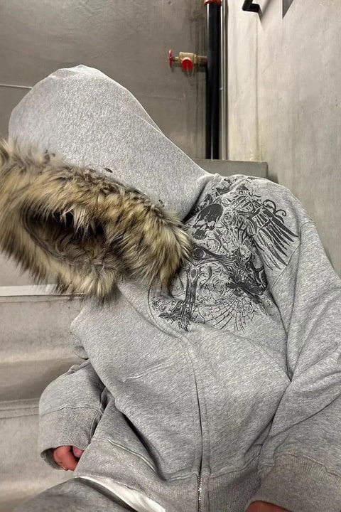 Gri Melanj Kürk Detaylı Skull Motifli Gotik Y2K Kapüşonlu Sweatshirt
