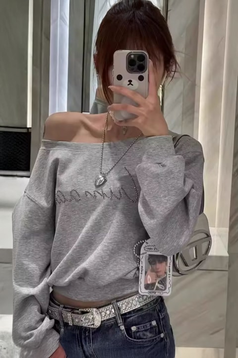 Gri Melanj Omuz Daekolteli Y2K Uzun Kollu Crop