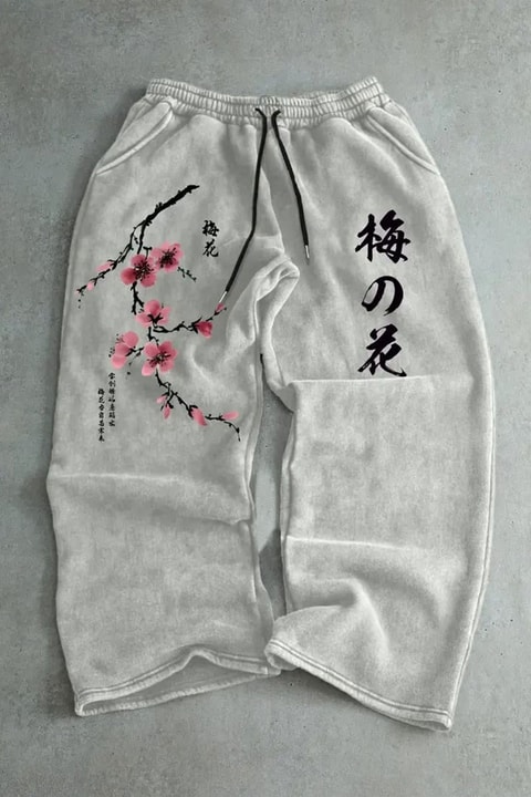 Gri Melanj Sakura Beli Lastikli Streetwear Y2K Unisex Eşofman