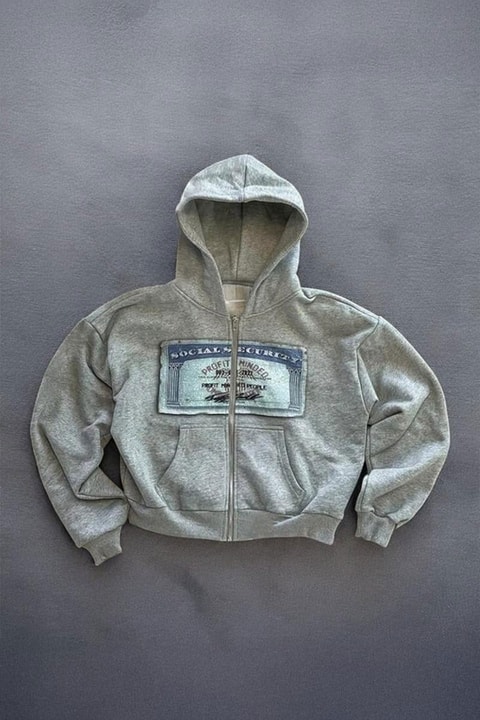 Gri Melanj Social Security Y2K Kapşonlu Unisex Hırka