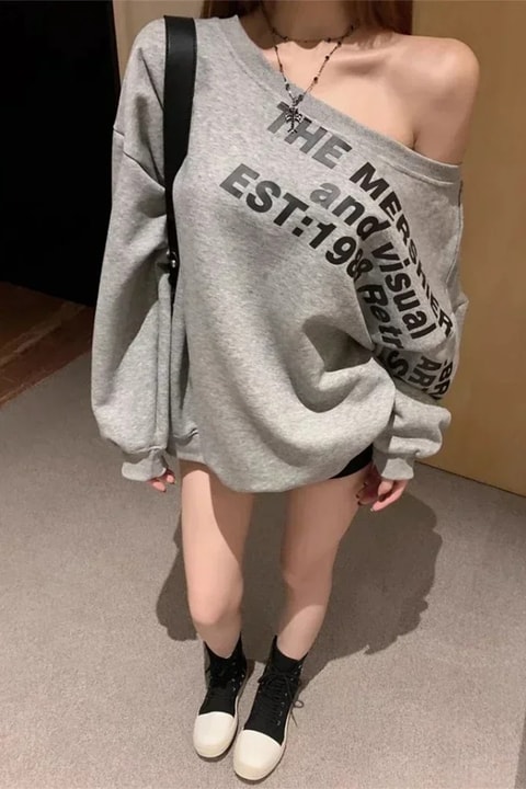 Gri Melanj The Mershier Omuz Dekolteli Y2K Sweatshirt