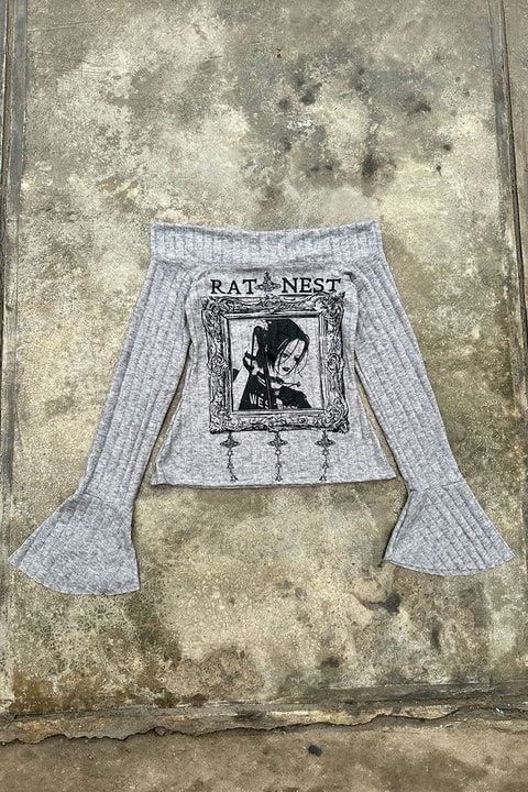 Gri Rat Nest Goth Girl Manga İspanyol Kol Y2K Uzun Kollu Crop