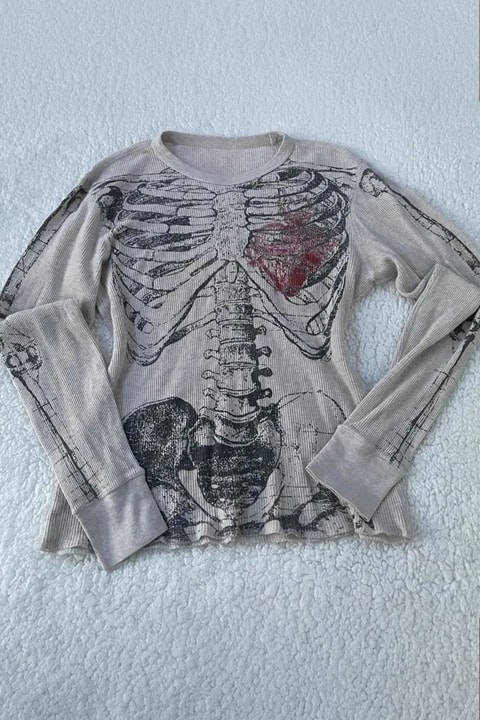 Gri Skeleton Anatomik Red Hearth Gotik Y2K Unisex Sweatshirt