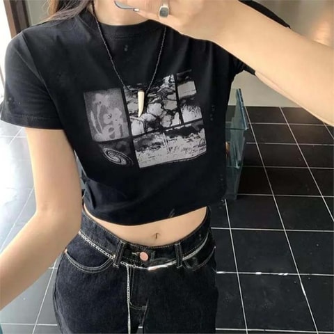 Harajuku Fashion Horror Collage Siyah Yarım T-Shirt