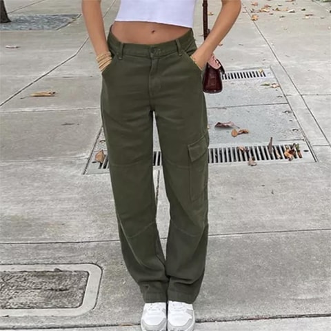 Harajuku Yeşil Beli Lastikli Kargo Pantolon
