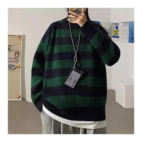 Harajuku Yeşil Siyah Çizgili Oversize Kazak