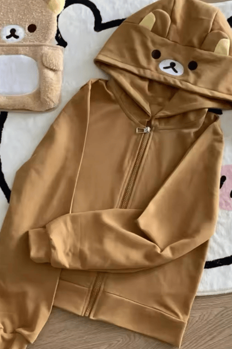 Kahverengi Ayıcık Kapüşonlu Fermuarlı Sweatshirt