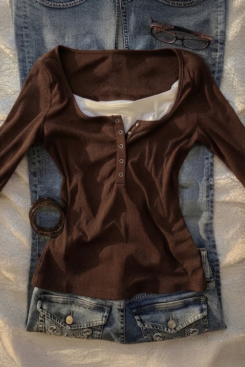 Kahverengi Henley Yaka Ekli Grunge Y2K Uzun Kollu Crop