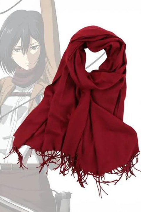 Kırmızı Anime Attack On Titan Mikasa Püsküllü Uzun Oaversize Atkı