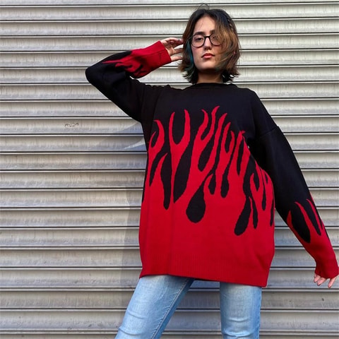 Kırmızı Flame Siyah Oversize Kazak