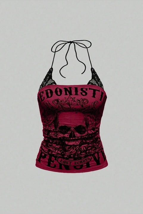 Kırmızı Hedonistic Skull Dantel Detaylı Y2K Askılı Crop