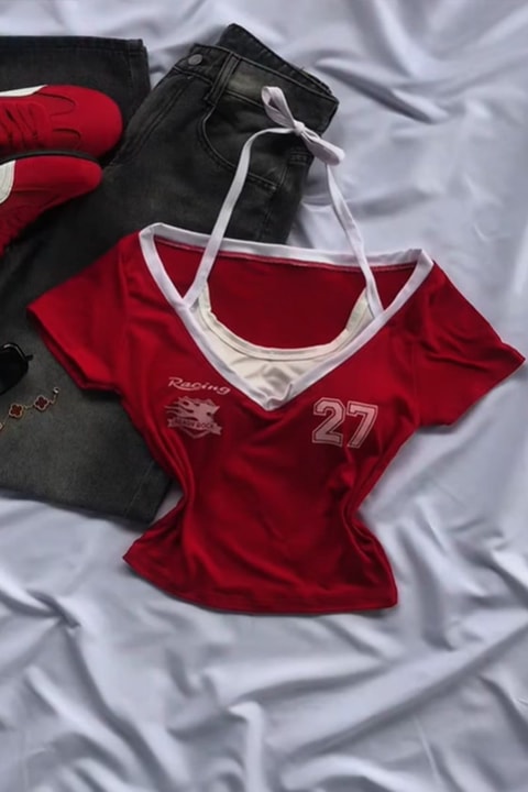 Kırmızı Racing 27 Number Ek Askılı Y2K Kısa Kollu Crop