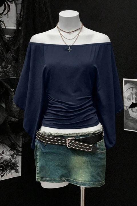 Lacivert Madonna Yaka Yarasa Kol Düz Y2K Uzun Kollu Crop
