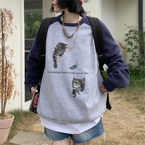 Lacivert Raglan Kollu Cat Missing A Friend Gri Melanj (Unisex) Uzun Kollu