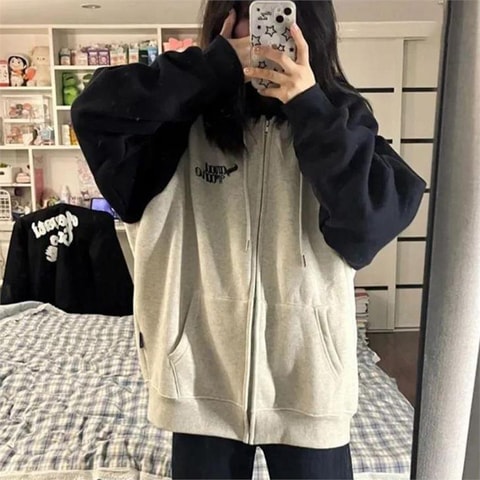 Lacivert Raglan Kollu Sanjati Crane Gri Melanj Kalın Kumaş Fermuarlı (Unisex) Kapüşonlu Sweatshirt