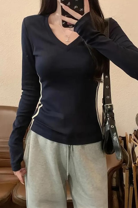 Lacivert V Yaka Beyaz Çift Şeritli Harajuku Y2K Uzun Kollu Crop