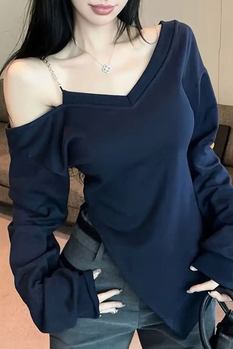 Lacivert Zincir Detaylı Asimetrik Kesim Y2K Uzun Kollu Crop