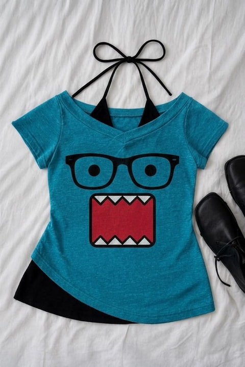 Mavi Domo Kun Ek Askılı Y2K Kısa Kollu Crop