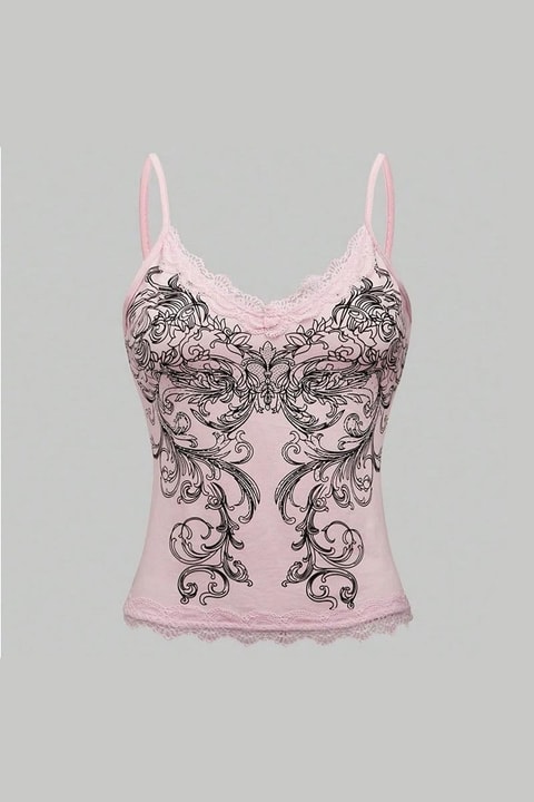 Pembe Dantelli Flower Gothic Askılı Crop