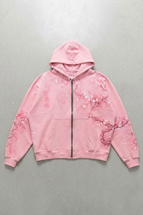 Pembe Japonic Pembe Sakuralı Unisex Hırka