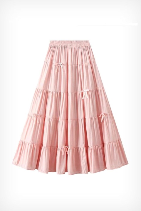 Pembe Katlamalı Kurdeleli Uzun Etek