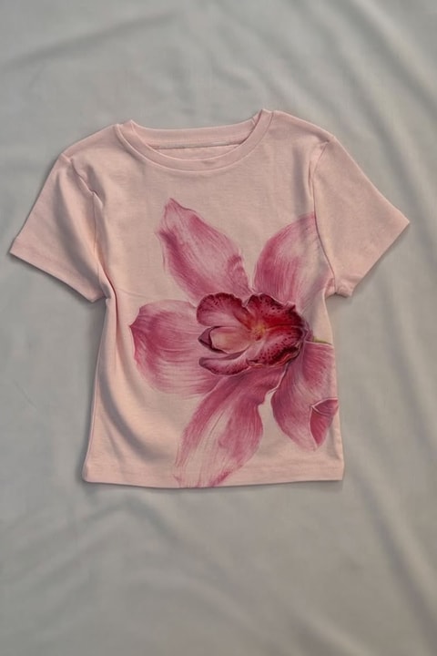 Pembe Orkide Baskılı Y2K Kısa Kollu Crop