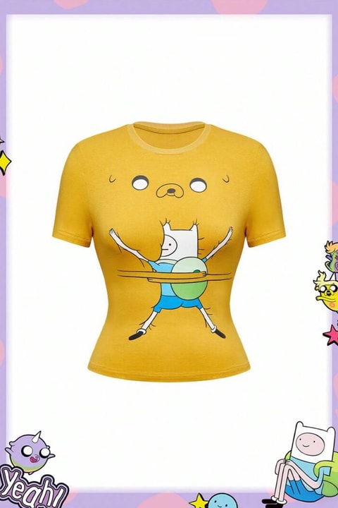 Sarı Adventure Time Fin and Jack Y2K Kısa Kollu Crop