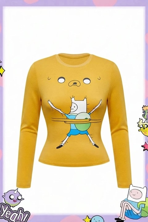 Sarı Adventure Time Finn and Jack Y2K Uzun Kollu Crop