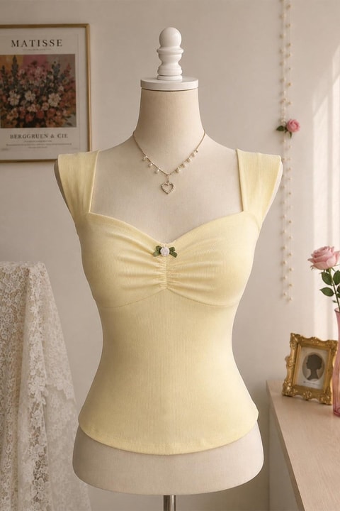 Sarı Coquette Fiyonk Gül Detaylı Y2K Kısa Kollu Crop 