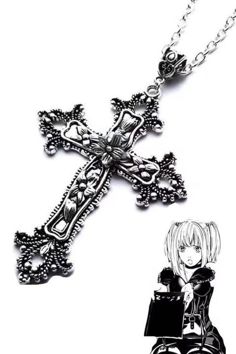 Silver Anime Misa Çiçek Motifli Haç Kolye