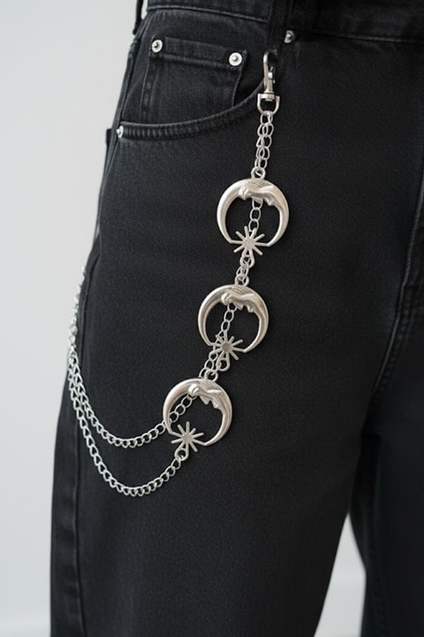 Silver Gotik Ay ve Güneş Detaylı Gotik Pantolon Zinciri