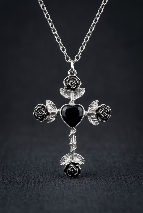 Silver Gotik Heart Black Stone Rose Kolye
