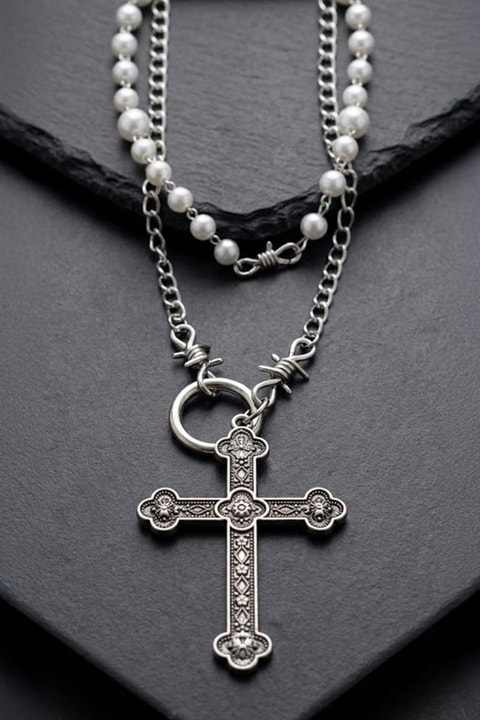 Silver İnci Şeritli Cross Diken Detaylı  Gotik Kolye
