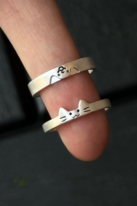 Silver Kawai Cat Couple Çift Yüzük 