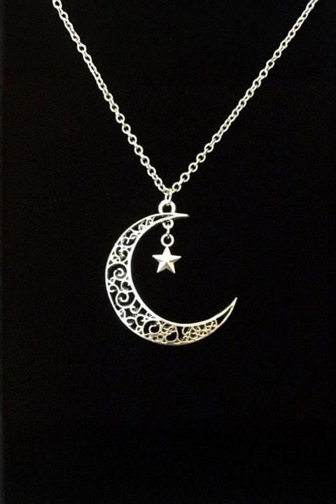 Silver Otantik Desenli Ay Yıldız Kolye