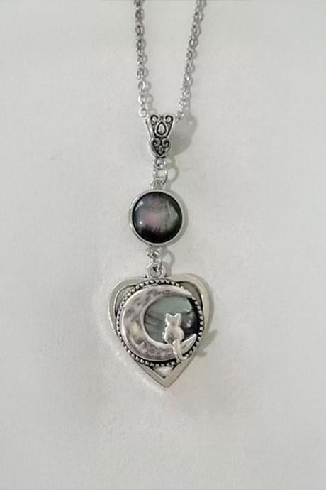 Silver Siyah Moonstone Kalp Motifli Ay ve Kedi Detaylı Kolye