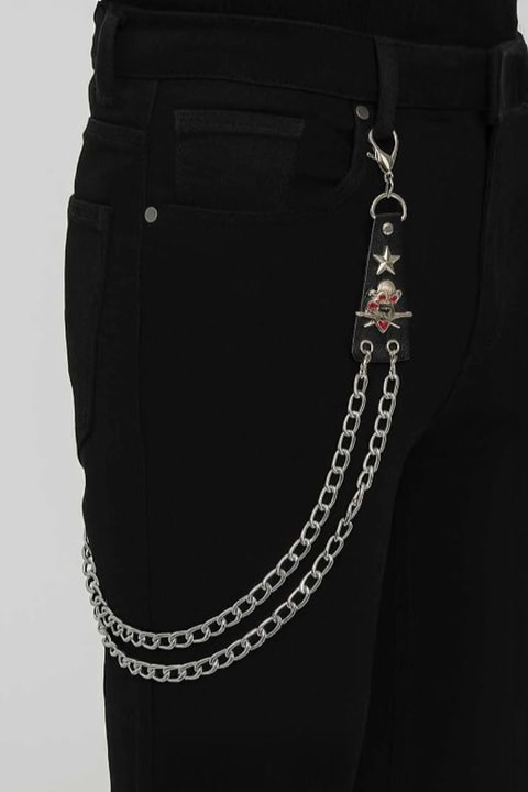 Silver Star and Skull Detaylı Çift Zincirli Gotik Pantolon Zinciri