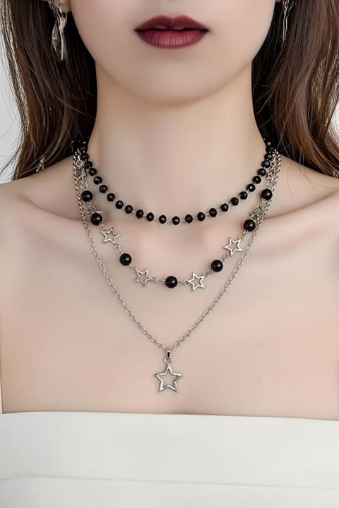 Silver Star Boncuklu Üçlü Grunge Kolye