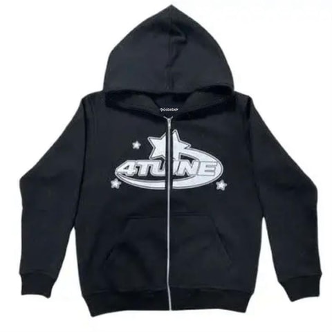 Siyah 4Tune Fermuarlı (Unisex) Kapüşonlu Sweatshirt