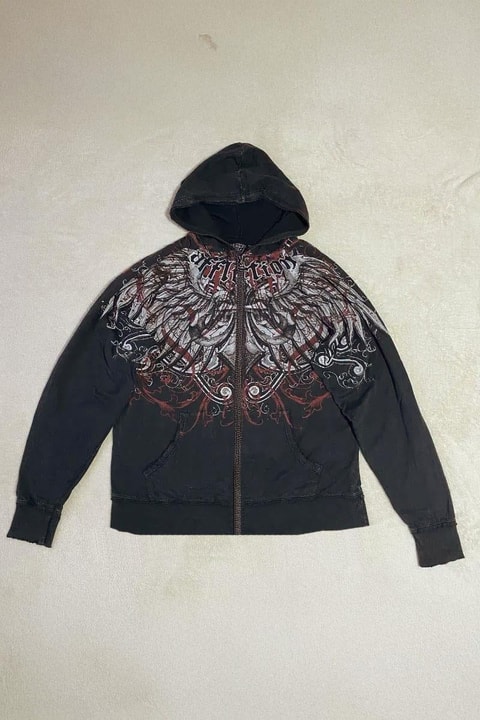Siyah Affiction Wing Tribal Harajuku  Y2K Kapüşonlu Unisex Hırka