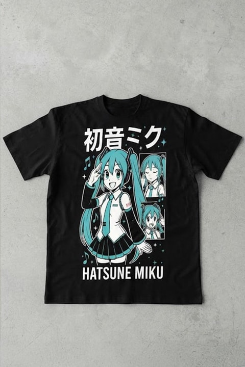 Siyah Anime Hatsune Miku Collage Y2K Unisex T-Shirt
