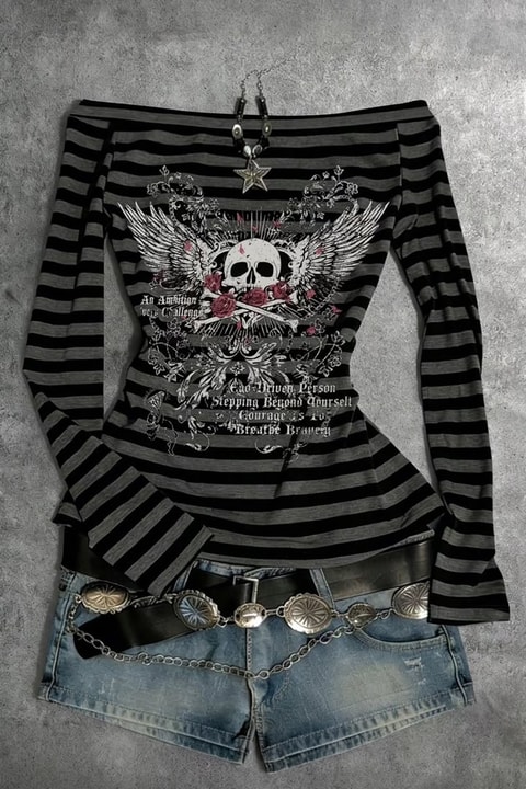 Siyah Antrasit Çizgili Gotik Skull Rose Omuz Dekolteli Y2K Uzun Kollu Crop